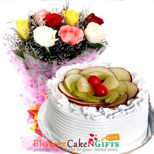 send Half Kg Mixed Fruit Cake n Roses Flower Bouquet delivery